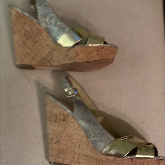 Coach Signsture Tan & Metallic Gold Cork Platform Wedge Sandal - Picture 3 of 3